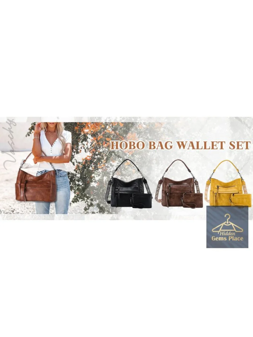 Medium Hobo Bag with Wallet Set, Vegan Leather Crossbody Tote, Detachable